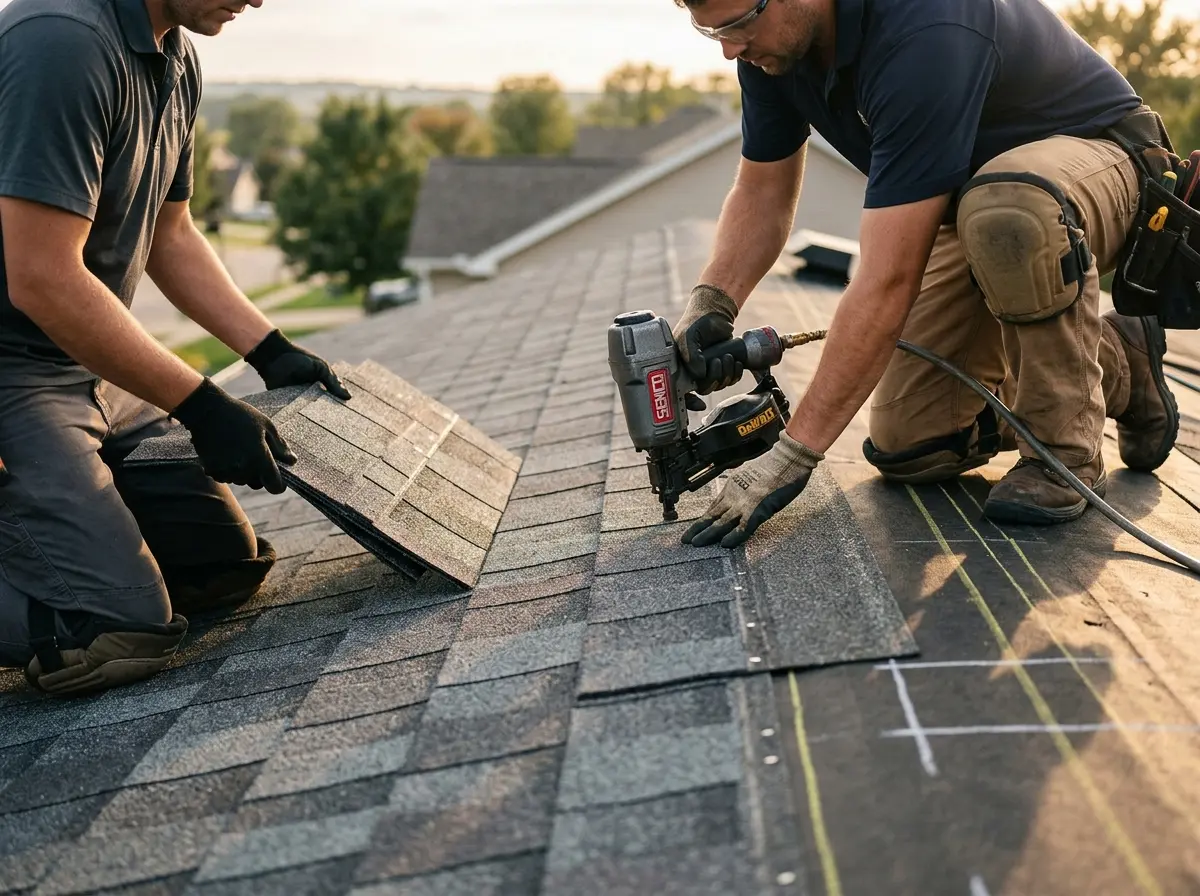 Professional roofer working on a residential roof in Fox Crossing